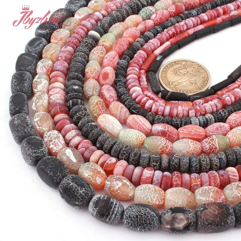 

Rondelle Tube Cube Drop Frost Cracked Red Black Agate Natural Stone 15 inches for DIY Charm Necklace Bracelet Jewelry Making