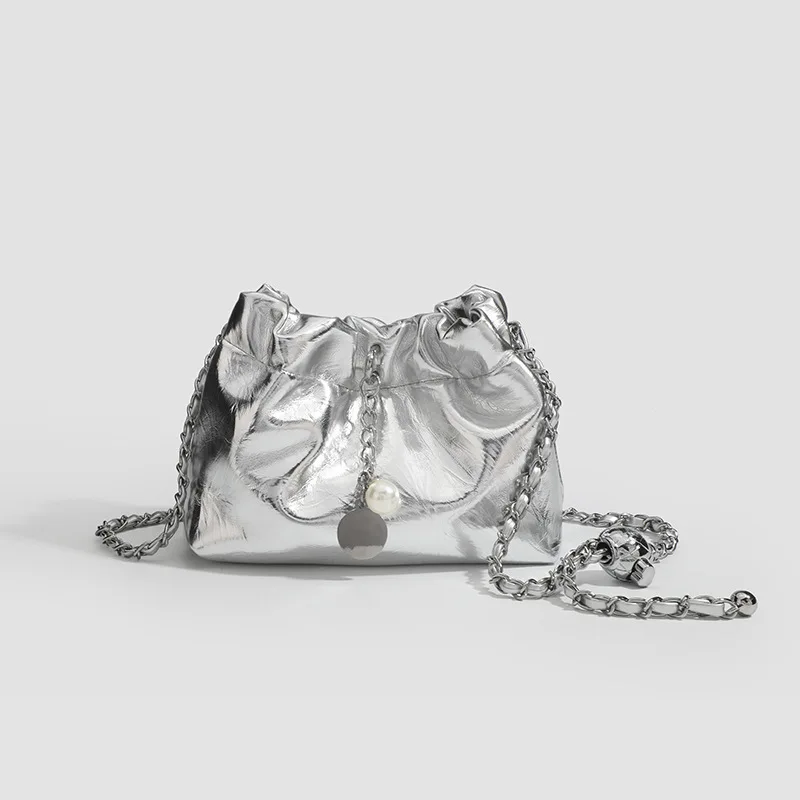 

Summer Ladies Handbags Fashion Soft PU Silver White Drawstring Bucket Bag For Women Simple Chain Shoulder Bag Crossbody bolsas