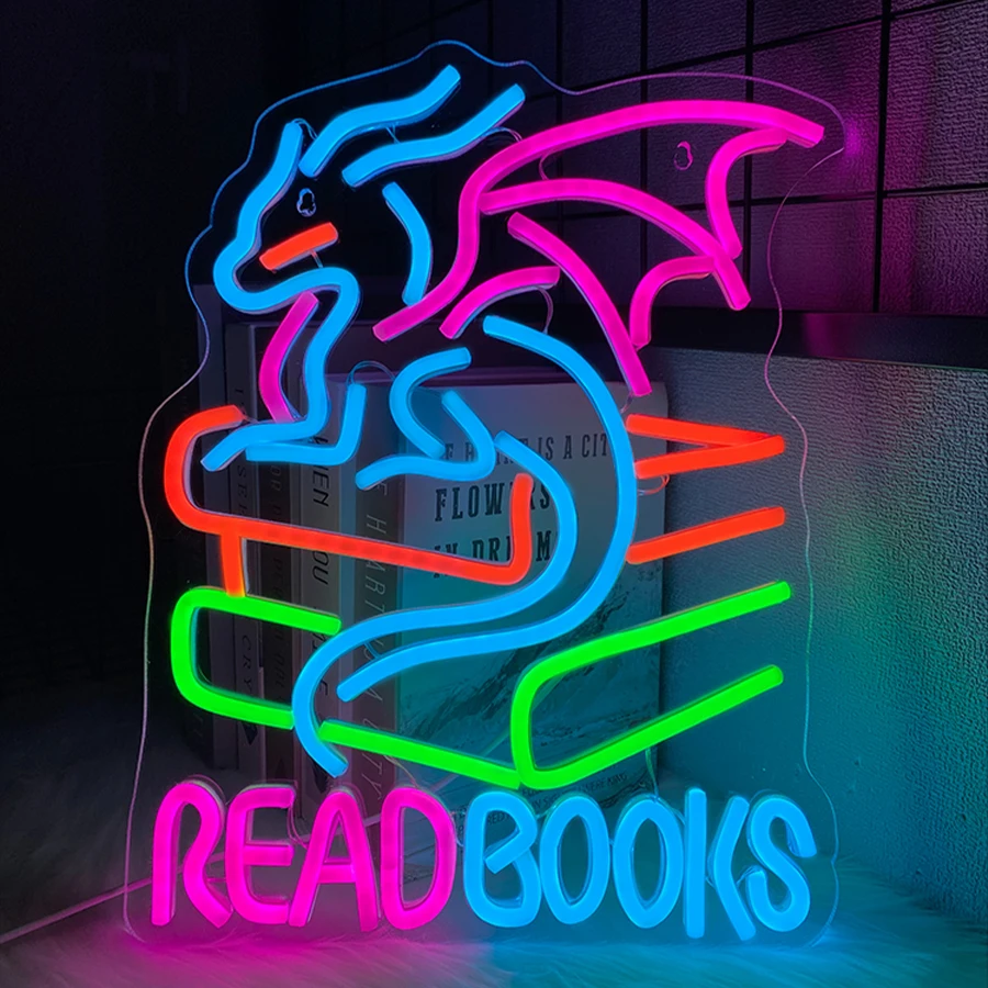 

Read Books Led Neon Sign, Cartoon Winged Dragon Icon Usb Powered Light, Used For Bedroom, Classroom, Reading Room Art Decor.
