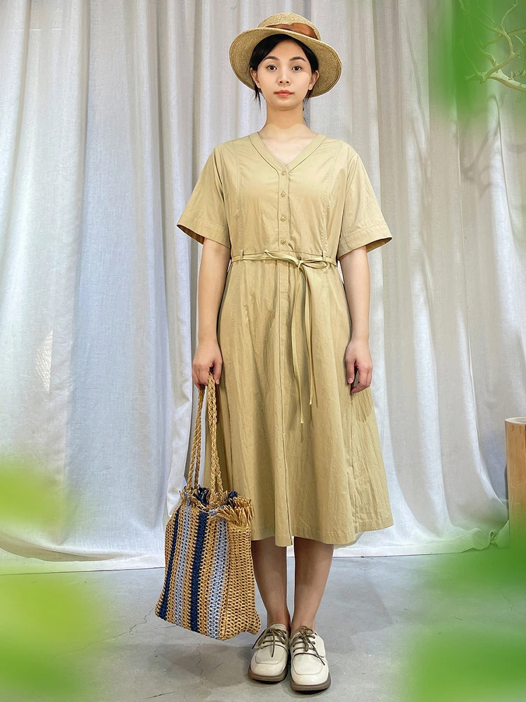 

Artistic V-Ne ort Sve Midi Dr Women's Design Summer New Sle Cotton Soft High Waist A-Line Skirt Commute Faion