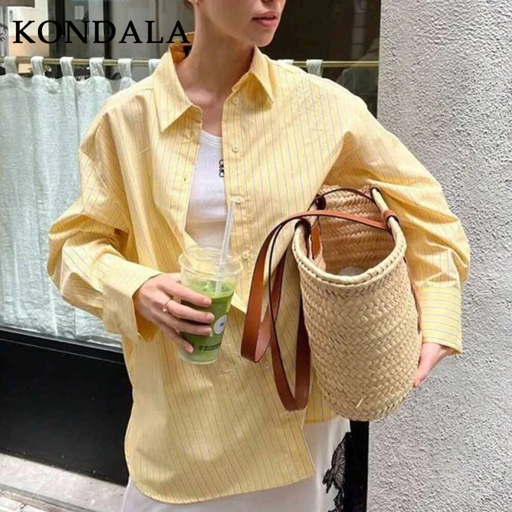 

KONDALA Chic 2025 весенние полосатые женские рубашки, однобортная свободная блузка с отложным воротником, модная повседневная женская желтая рубашка