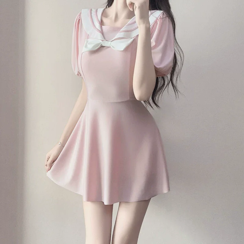 Lolita School Girls Bowknot Puff Sleeve Sailor Dress Swimsuit Japanese Sukumizu Cosplay Swimwear Bathing Suit Dropship