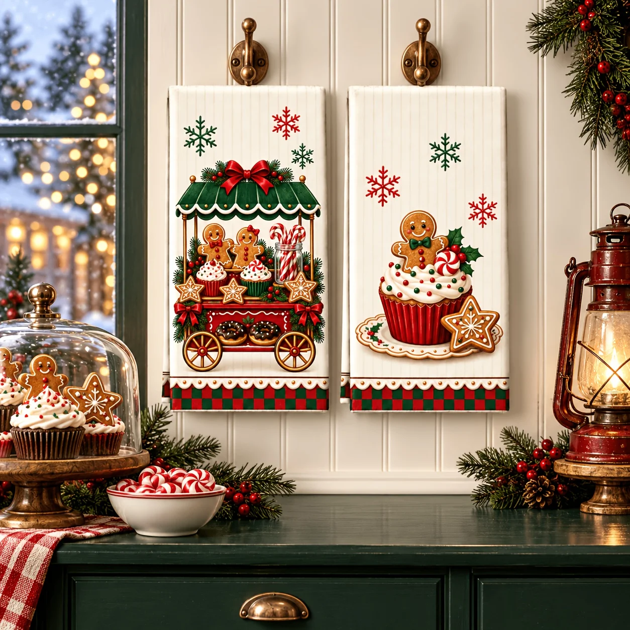 2Pcs Christmas Gingerbread Man Kitchen Towels, Cute Cupcake Candy Cart Snowflake Dish Towels, Soft Absorbent Microfiber