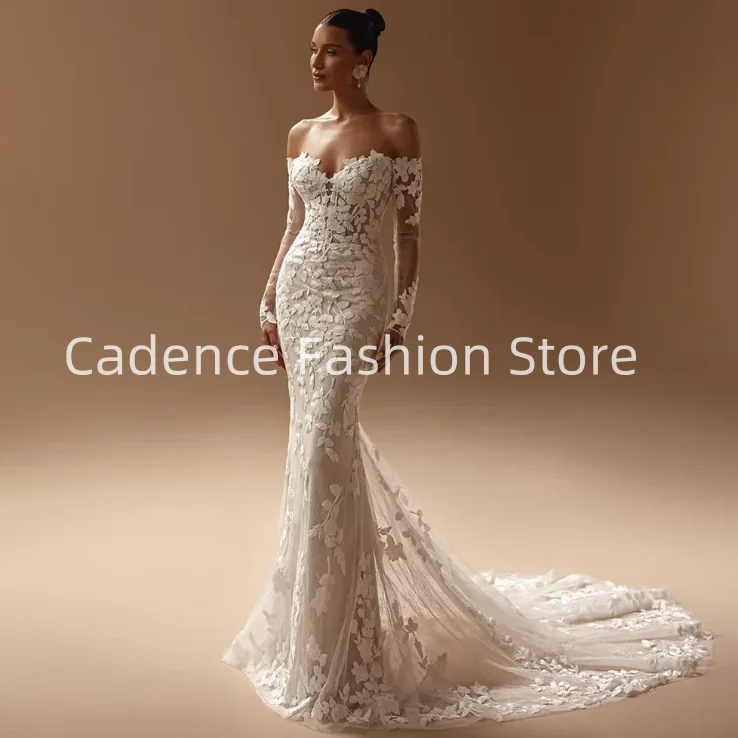 Роскошное свадебное платье русалки без бретелек по индивидуальному заказу, кружевное свадебное платье с аппликацией в форме сердца и длинными рукавами, 2025 г.