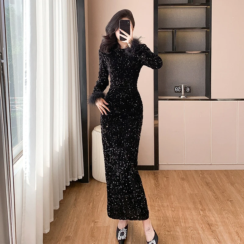 Luxury Fashion Winter Shine Sequins Split Bodycon Evening Clothes Robe New Women O Neck Feather Long Sleeve Prom Party Dresses