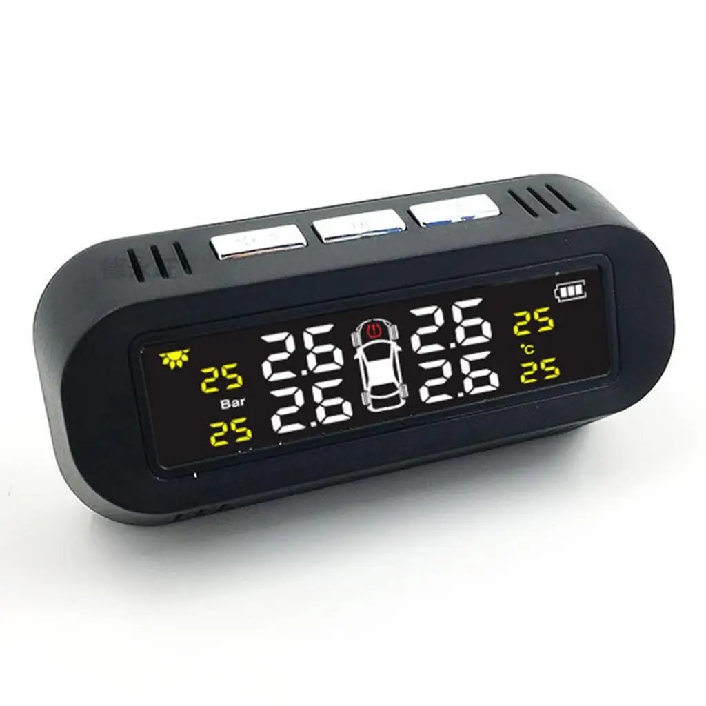 LCD Wireless Tire Pressure Testing System with USB and Solar Power Four Sensor Alarm for Balanced Tire Pressure and Fuel Saving