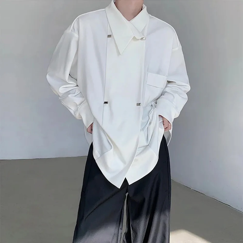 

Mens Shirt Asymmetrical Design Shoulder Pad Shirt Autumn Streetwear Fashion Plain Youth Campus Long-Sleeve Top Men'S Clothing