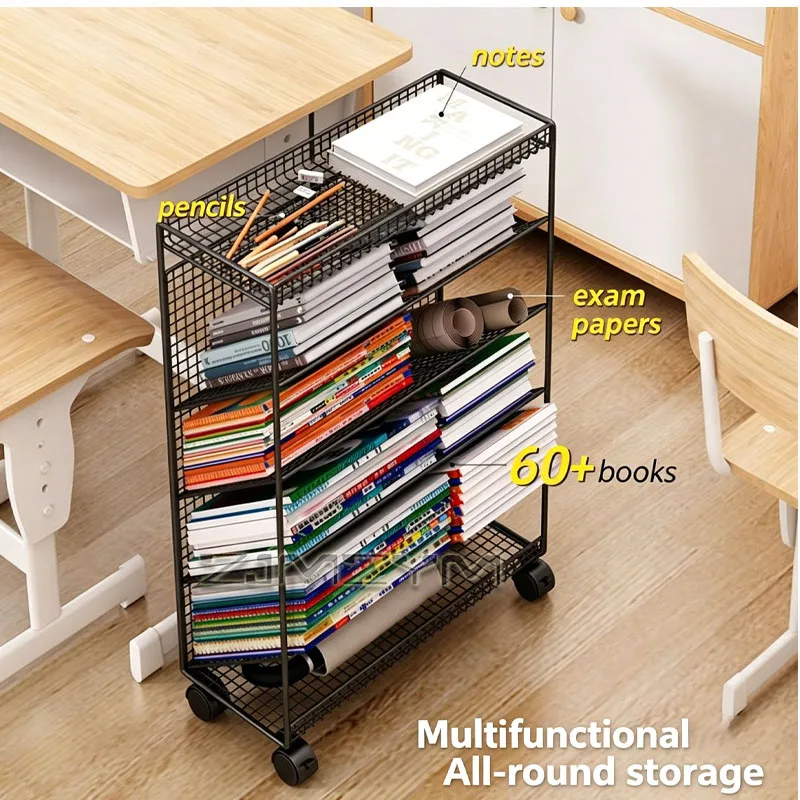 Heavy Duty Steel Rolling Storage Rack with Lockable Casters Mobile Desk Side Bookshelf for Classroom Home Kitchen Bedroom Office