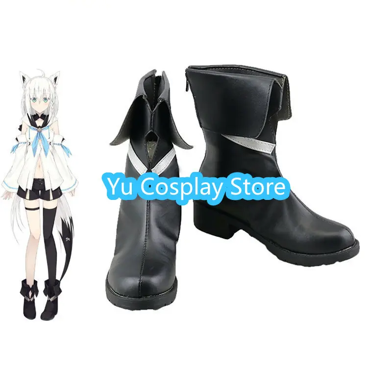 Shirakami Fubuki Cosplay Shoes Youtuber Vtuber Cosplay Boots Halloween Carnival Prop Black PU Leather Shoes Custom Made