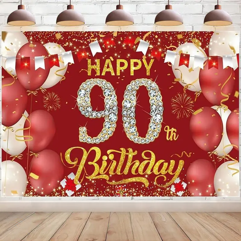 90th Happy Birthday Backdrop Banner Red Gold Photography Background for Men Women Party Decoration Photo Booth Studio Props