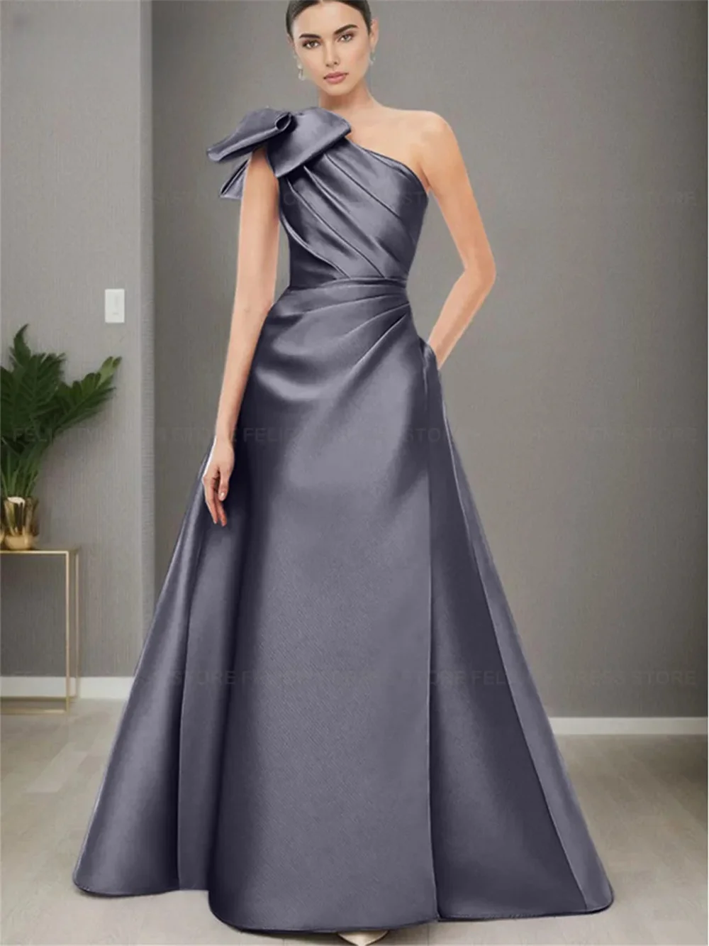 Cathy One Shoulder Satin Wedding Dresses Bow A-line vestidos de noche Elegant Sleeveless Zip Back Floor-length Formal Evening