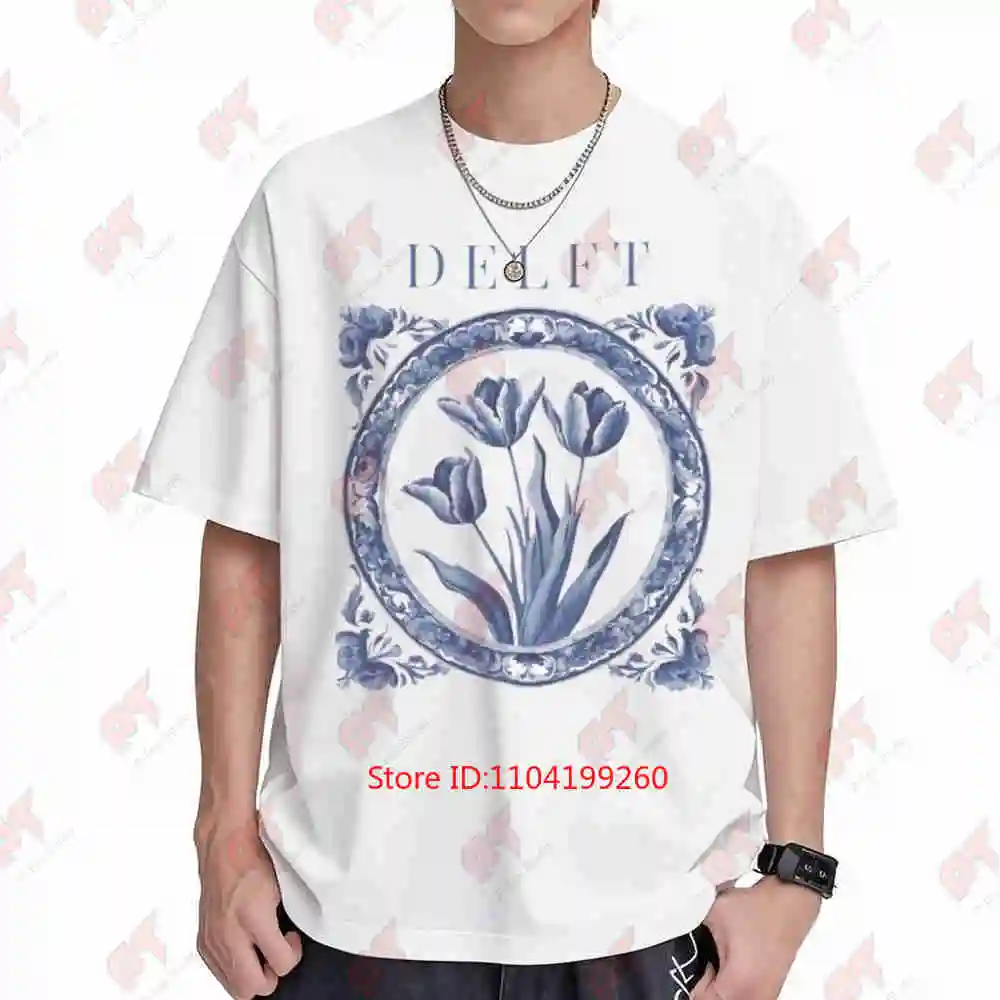 Delft Washington Netherlands Vintage Style Blue Tulips Floral Travel Souvenir Short Sleeve Tee 100% Cotton T-Shirt