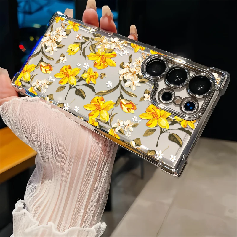 Plating Phone Case For Samsung Galaxy A30 A20 A10S A52S A21S A50S A51 A52 A32 A22 A12 Flower Painting Shockproof Silicone Cover