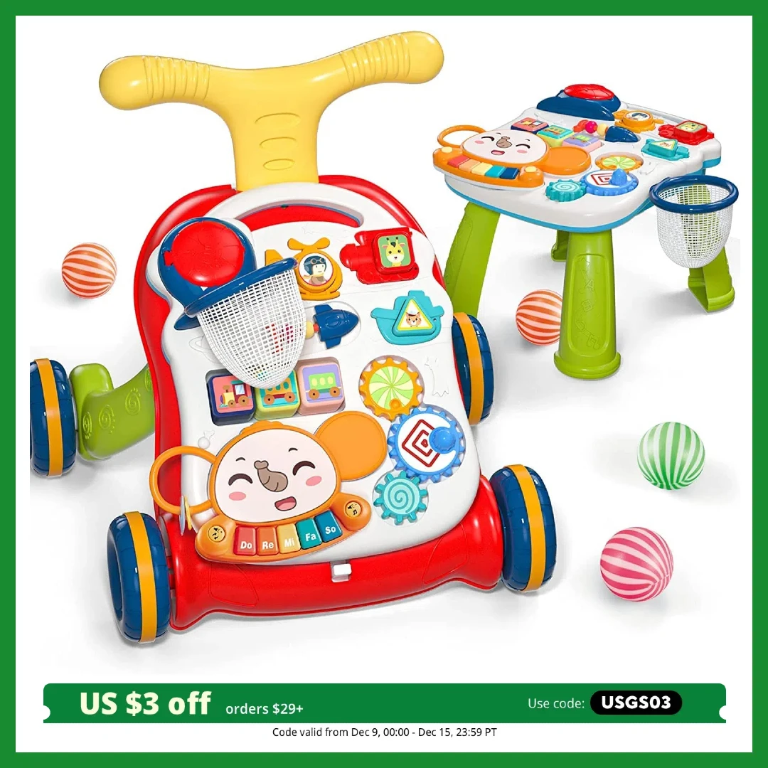 CUTE STONE Sit-to-Stand Walker, 2-in-1 Baby Activity Center, Play Panel, Music Learning Toy