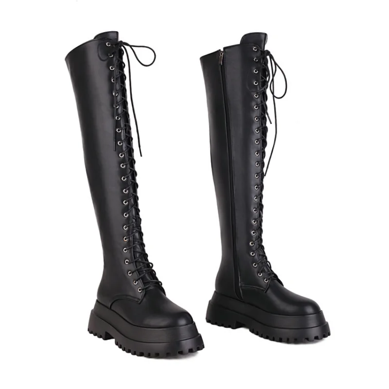 Over-the-Knee Lace-up Christmas womens fashion boots Big size Glossy fabric side zips Carnival boots waterproof boots women