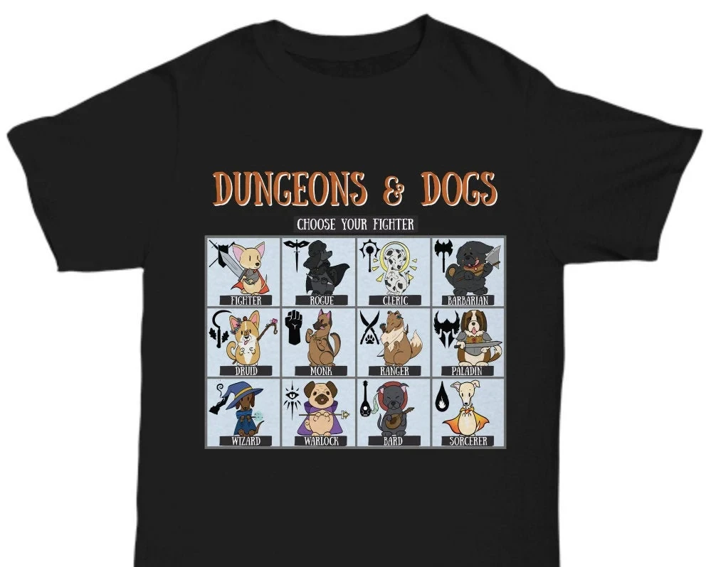 Dungeons and Dogs DND Class Dog Chart Print Tshirt Fantasy Gamer Cute Puppy Graphic Unisex Casual Short Sleeve Cotton Tees