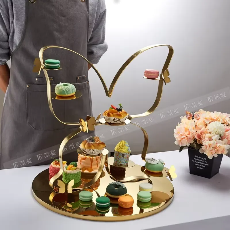 Luxury Golden Stainless Steel Butterfly Cake Stand Elegant Dessert Display Rack for Wedding Party Catering Event Decoration