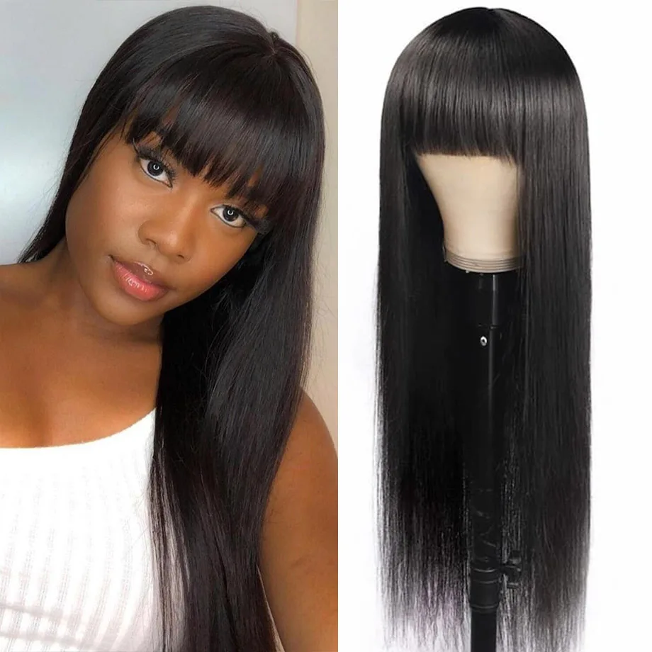 30 Inch Full Machine Made Human Hair Wig With Bangs Brazilian Straight Hair Wigs For Black Women Cheap Short Bob Wig 150 Density