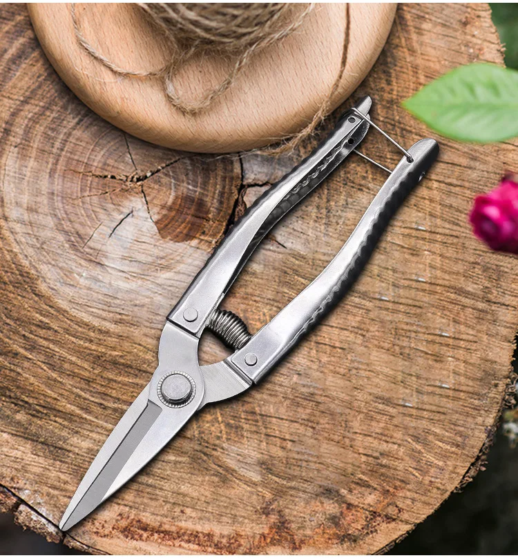 Straight Head All Stainless Steel Blade Household Pruning Shears Powerful Fruit Garden Scissors with Automatic Return Spring
