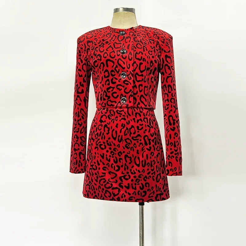 2025 Spring New Fashion Women Long Sleeve O-neck Leopard Print Single Breasted Jacket A-line Skirt Red Gold Velvet Dress Sets