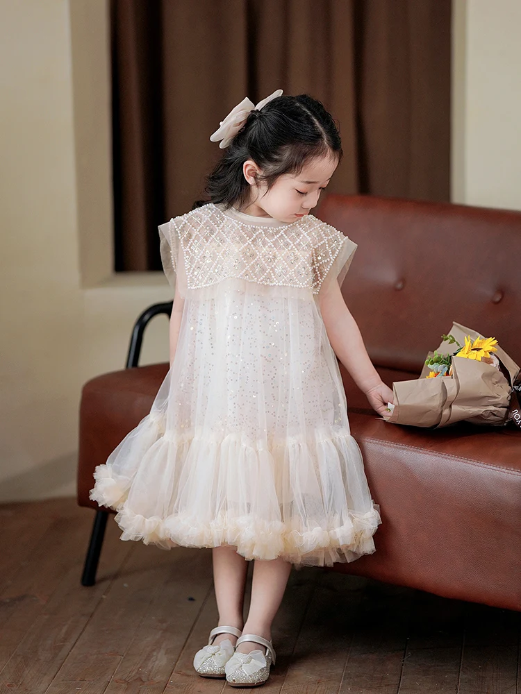 

2025 Wear Korean Pearl Neck Fashion Yarn wedding Dress Girls Prin cess Dress Casual Spring Summer Princess Dress Children's