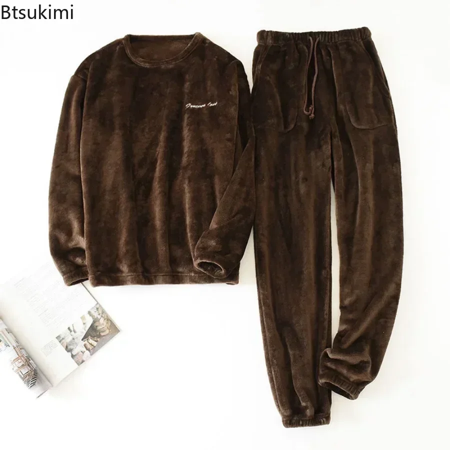 

Autumn Winter Men''s Thicken Flannel Pajama Sets Soft Warm Long Sleeve Pants Homewear 2 Pieces Male Coral Velvet Sleepwear Suit