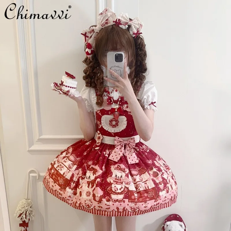 Robe princesse Lolita originale pour filles, à bretelles, avec nœud mignon, imprimé de dessin animé, taille haute, Kawaii, pour femmes, nouvelle collection automne 2025