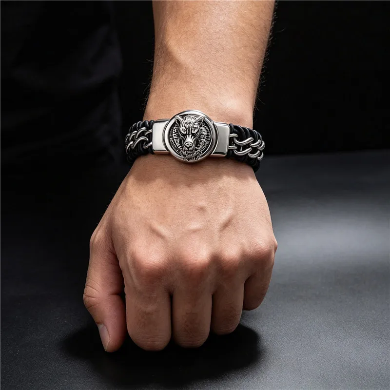 Mens Black Braided Leather Coin Wolf Charm Bangle Bracelet Stainless Steel Animal Heads Gothic Punk Rock Jewelry