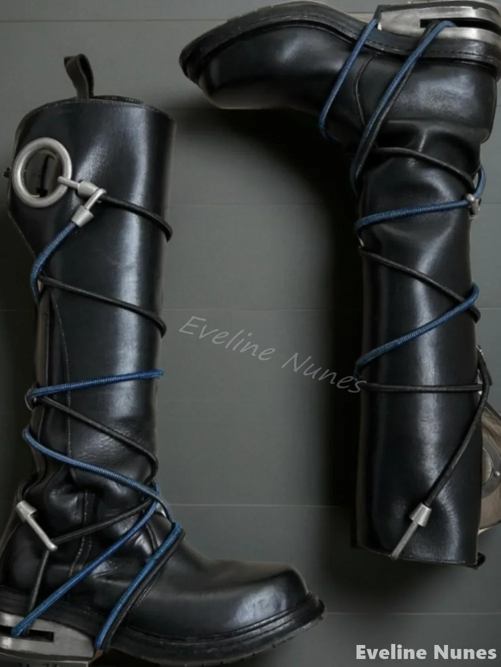 Wire Entanglement Black Leather Knee High Boots Women Round Toe Metal Heel Slip On Biker Boots Autumn New Unique Design Boots