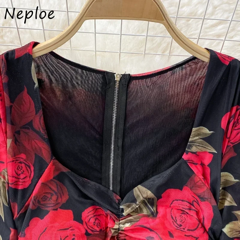 Neploe Gentle Rose Printed Female Robe Three-quarter Sleeve Slim Waist Split Dress Women Square Collar Mesh Pleated Vestidos