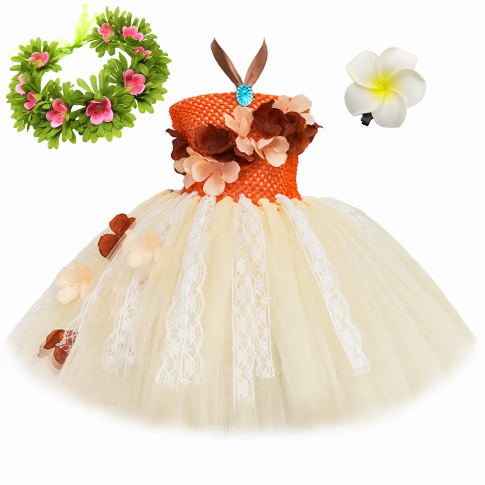 Princess Dress Costume for Girls Polynesian Tutu Dress Up Kids Hawaiian Tribal Beach Themed Halloween Birthday Party Tulle Dress