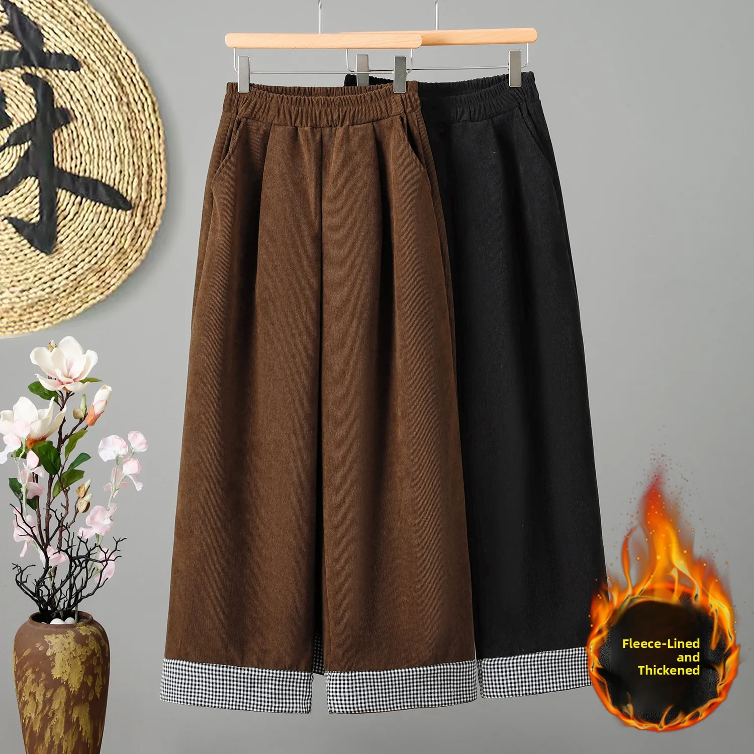 

plus Size Casual Corduroy Wide Leg Pants Loose Fleece Lined Vintage Patchwork Straight Cut Trousers for Women Winter Wear