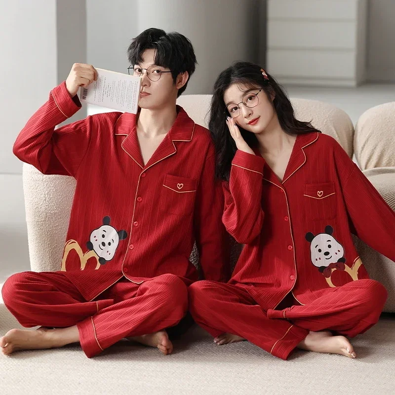 Cotton Red Color Sleepwear For Couples Cardigan Lapel Nightwear Women and Men Matching Pjs Hombre 2024 pyjama homme coton