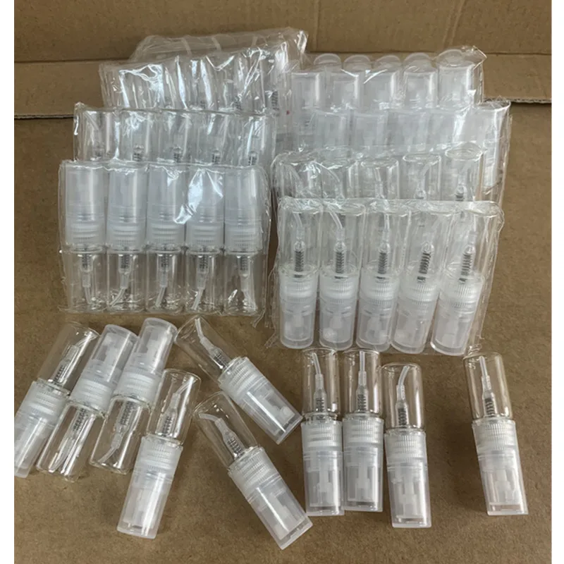 5/10/50/100 قطعة 2 مللي زجاجة رذاذ رذاذ شفافة زجاجة عطر زجاجية زجاجة مستحضرات تجميل فارغة 1 قمع ، 1 قطارة ، 1 موزع ، 1 حقنة #2