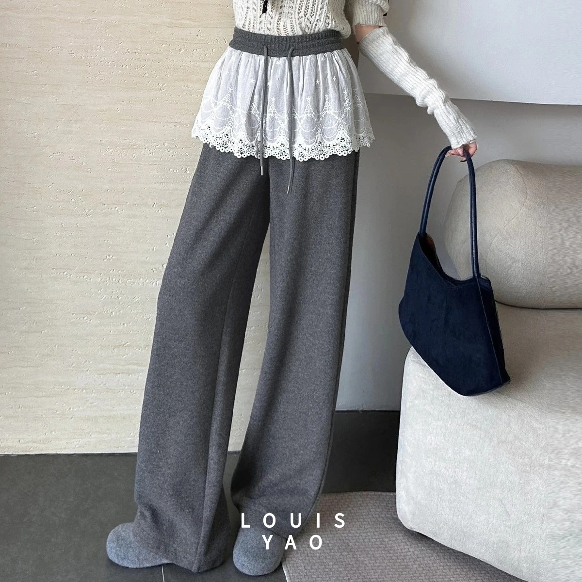 LOUISYAO Splicing Lace Straight Leg Pants Women 2025 Autumn Winter Contrast Colours Fleece Lined Thickened Casual Bottoms