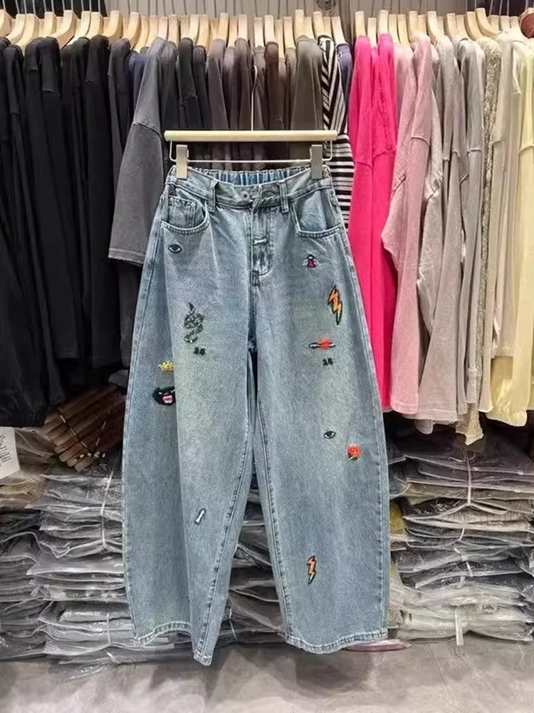 

plus Size 300 Pou Retro Waed Embroidered Denim Pants Loose Wide Leg Jeans for Women Summer Casual High Waist Long Trousers