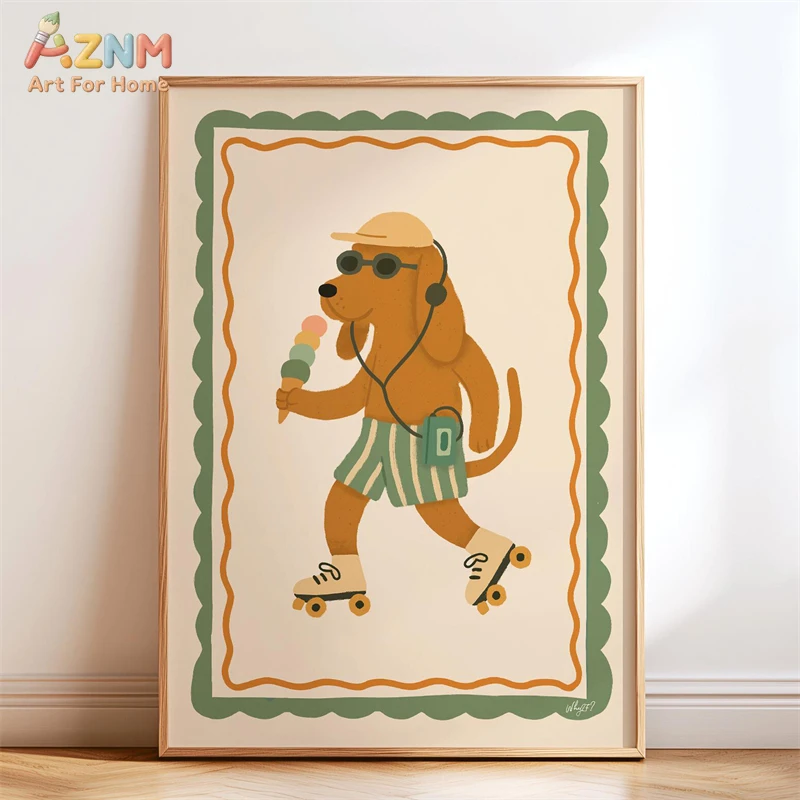 AZNM Retro Groovy Cute Animal Canvas Wall Art, Funky Cat Dog Zebra Print Unframed Painting, Boho Nursery Kids Room Wall Decor, C view 4