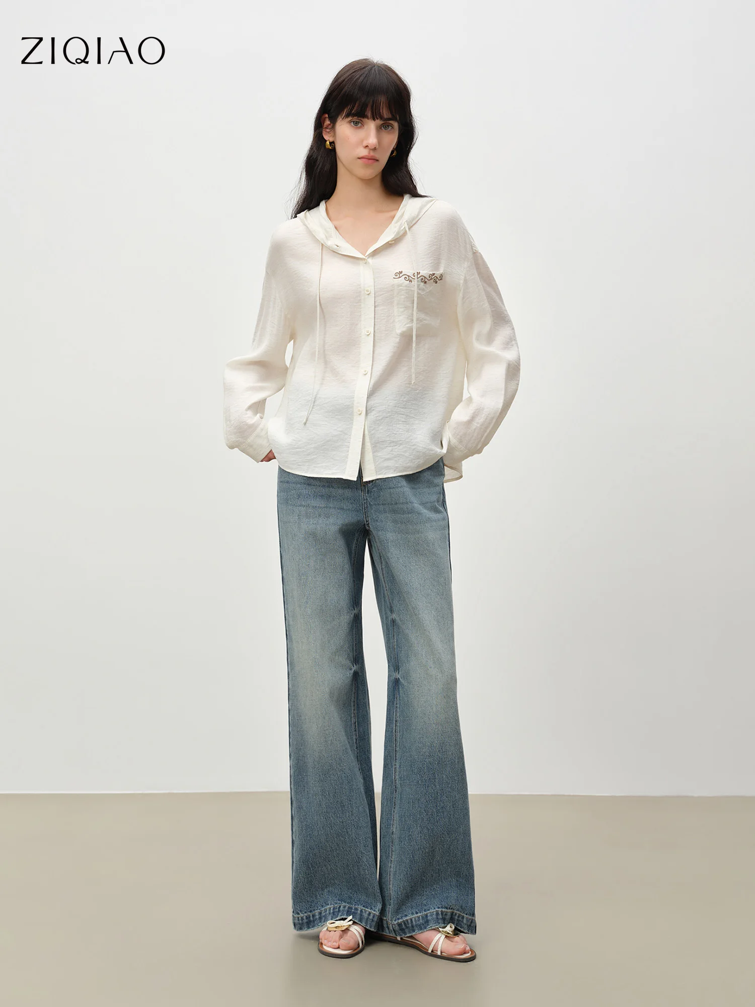 

Женская блузка ZIQIAO 2026 весна, в стиле бохо, с принтом и вышивкой, с капюшоном, регулируемым шнурком, длинный рукав, повседневная, для отпуска