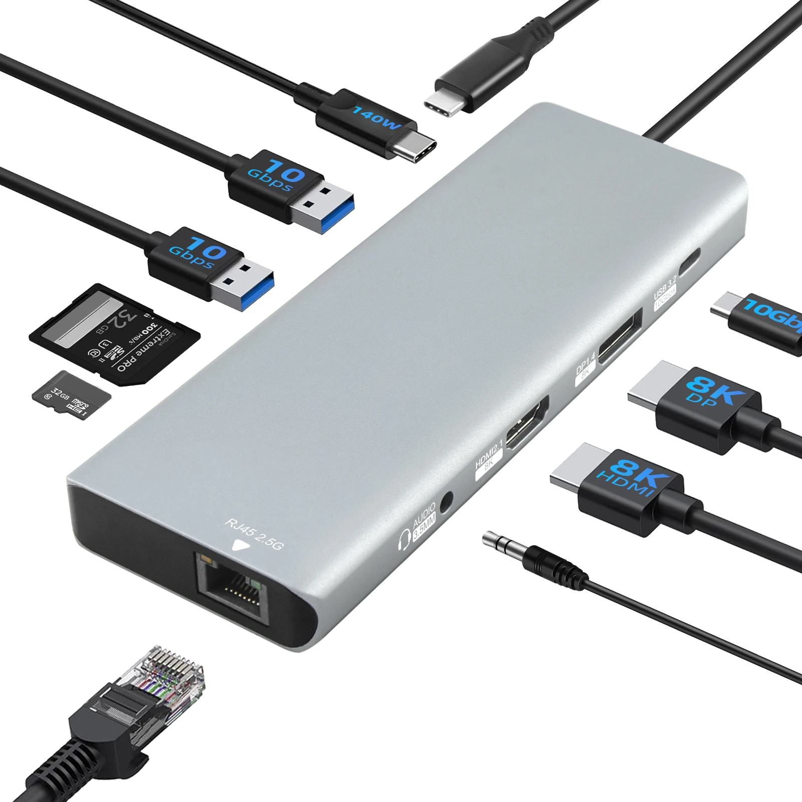 USB 4.0 Docking Station 10-in-1, 8K Docking Station with HDMI2.1, DP1.4, 10Gbps , 140W Charging, Ethernet, Card Reader, 3.5mm
