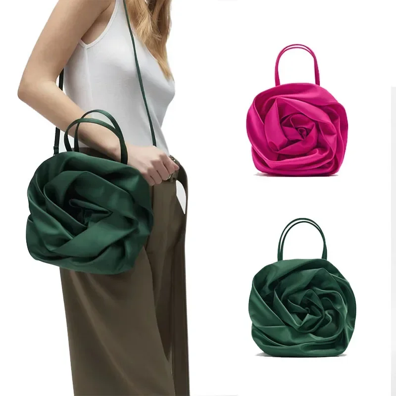BBL01   2023 Summer New Brand Design Silk Pleated Flower Handbag Women Red Flower Round Evening