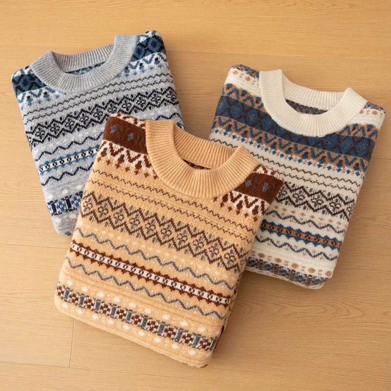 Autumn Winter 100% Pure Wool Men's Half-High-Necked Pullover Knitted Fashion Thickened Bottoming Shirt Jacquard Cashmere Sweater