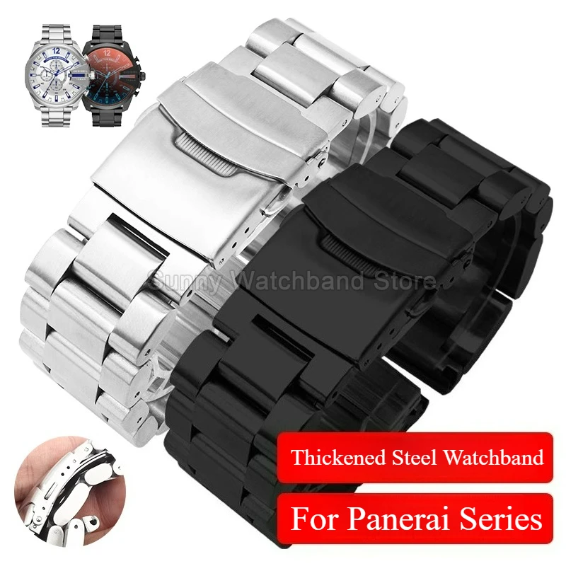 Thickened Men's Steel Watch Accessories 22 24 26mm for Panerai Luminor Series Stainless Steel Watch Bracelet Silver Black