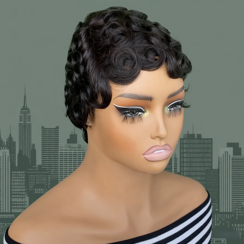 Women's Human Hair Pixie Cut Wig full machine made - Short Layered Curly with Bangs, Natural Black 180% Density