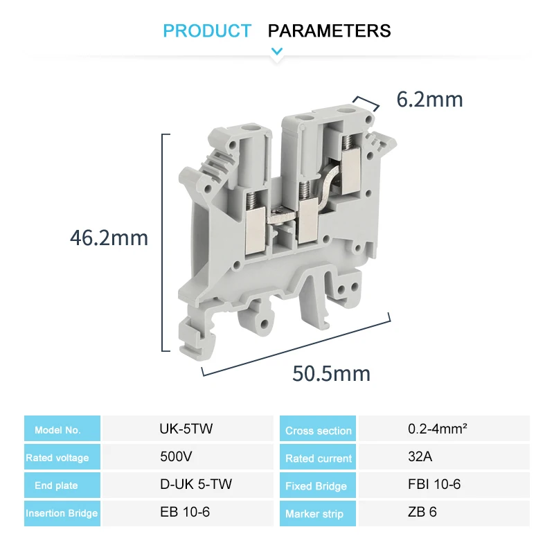 10Pcs UK5-TW Double Connection One Side Screw Connection UK 5 Twin Termin Strip Wire Connector DIN Rail Terminal Block UK 5-TW