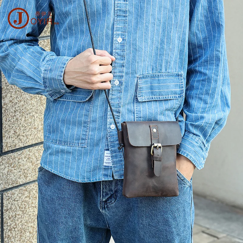 Real leather mobile phone storage men retro crossbody bag square strap mouth shoulder bag