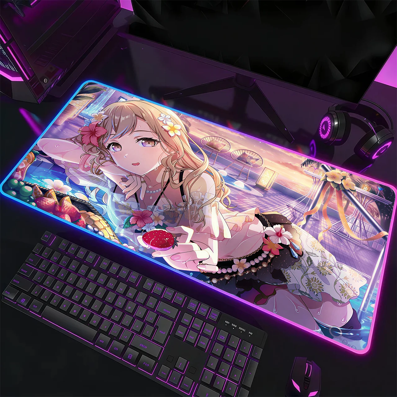 RGB Gaming Mouse Pad, XXL LED Desk Mat, Glowing Edge, Anti-slip Base, Blonde Girl Pool Sunset Strawberry Floral Print Table Mat