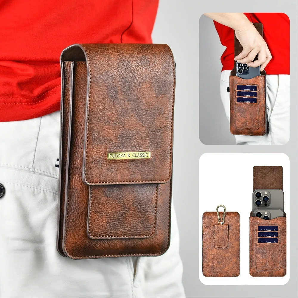 High Quality Horse Leather Waist Belt Phone Bag Double Layer with Loop Outdoor Bags Vertical Card Holder for 6.9-7.2inch Phone