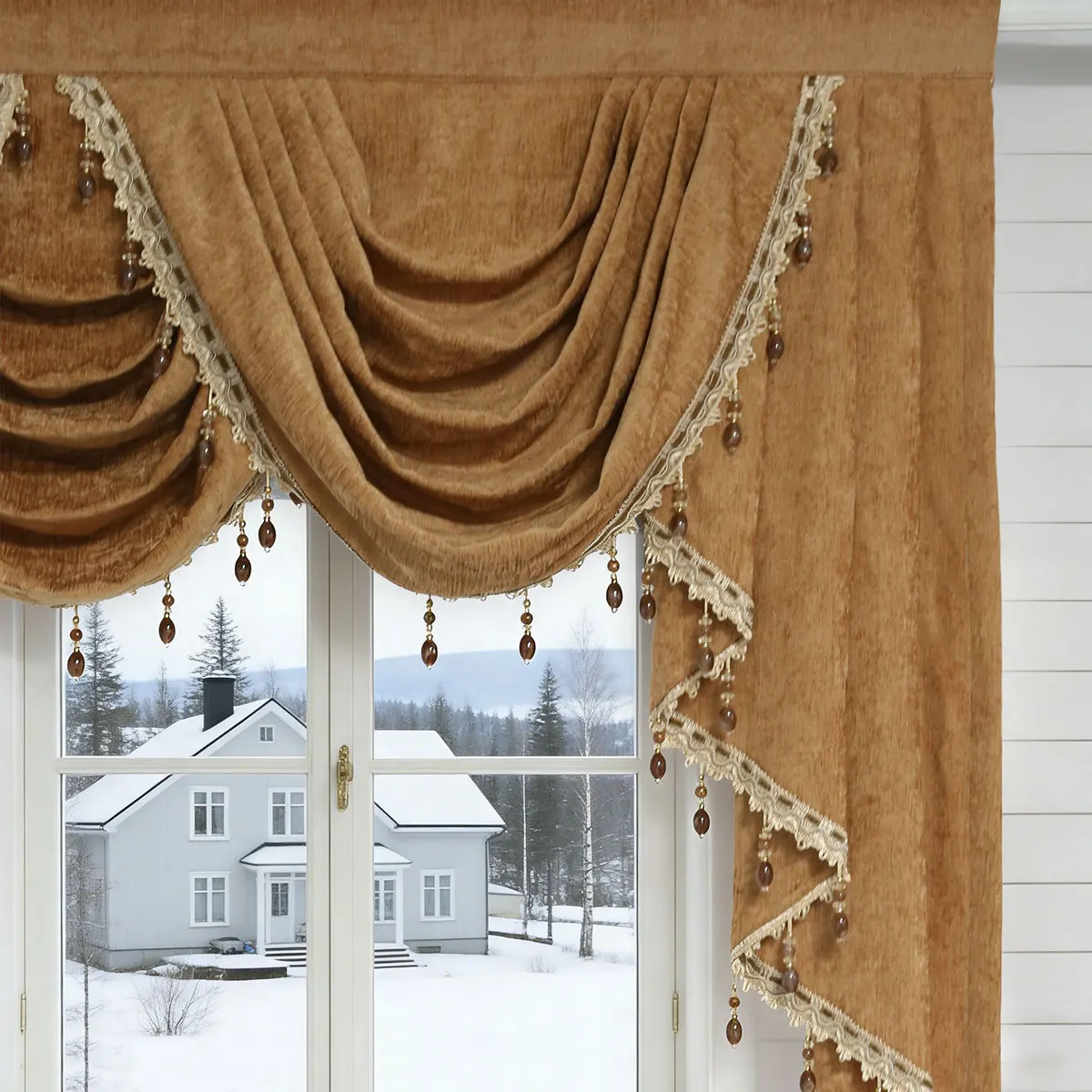 Solid Camel Chenille Swag Valance with Bead Tassels & Side Panels, Luxury European Decor Window Header for Living Bedroom