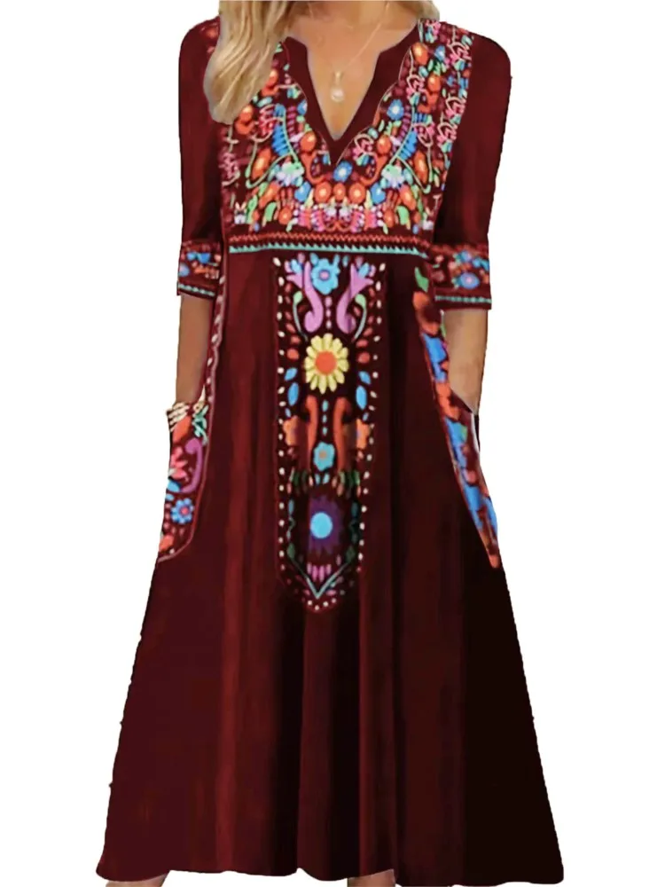 Vintage Dresses For Women 2024 Fall Ladies V-neck Pocket Boho Print Seven-quarter Sleeve Dress Fashion Midi Dress Robe  Femme