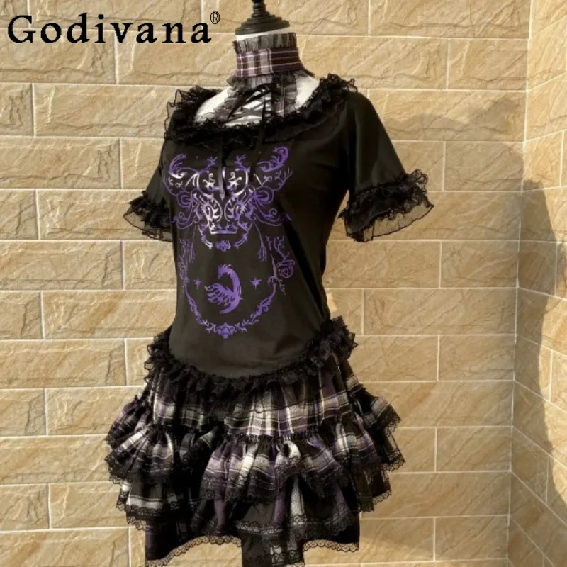 Summer Subculture Gothic Punk Purple Print Lace Halter NeckT-shirt Girl Sweet Cool Sexy Elastic Waist Plaid A-line Cake Skirt